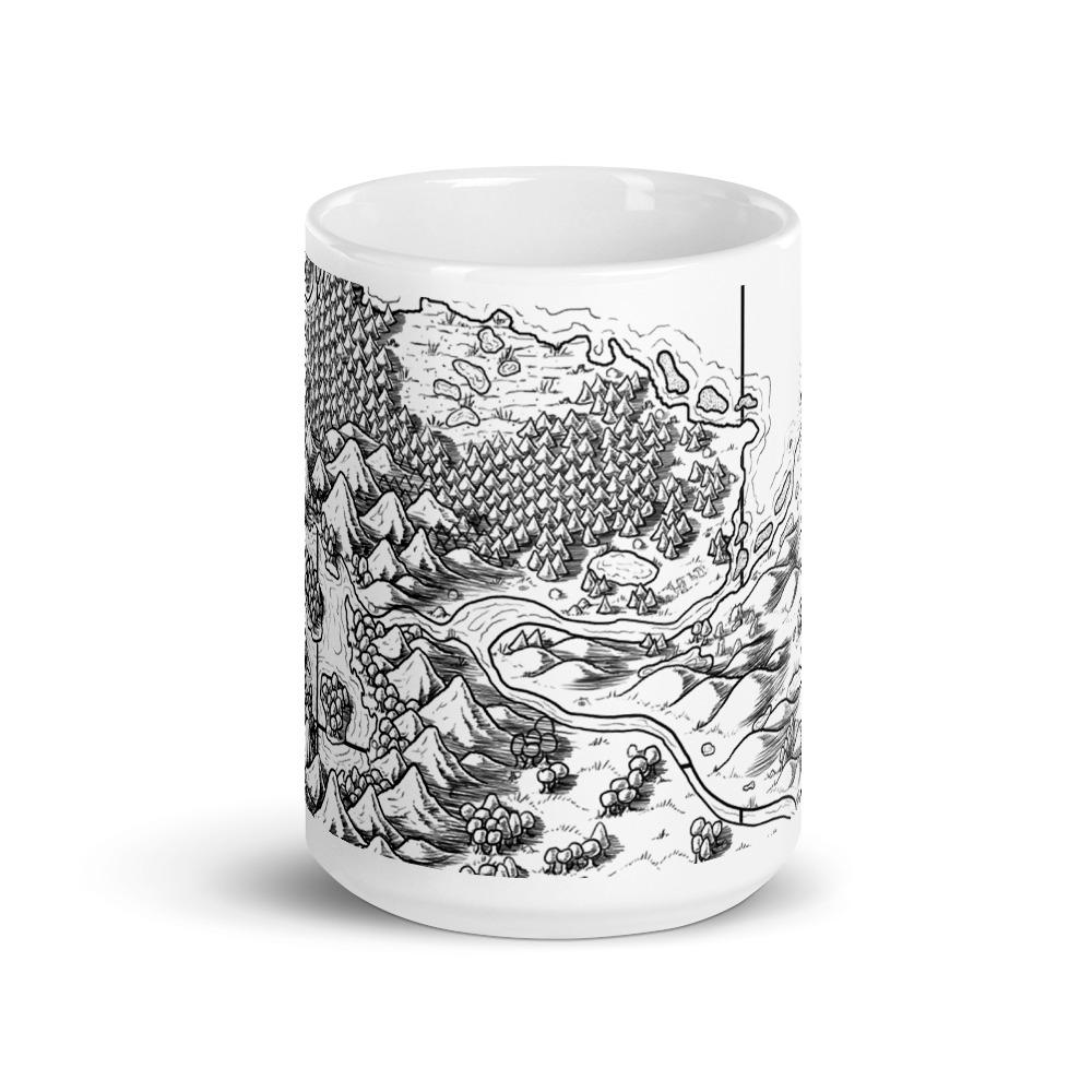 A mug featuring a black and white map by Deven Rue.