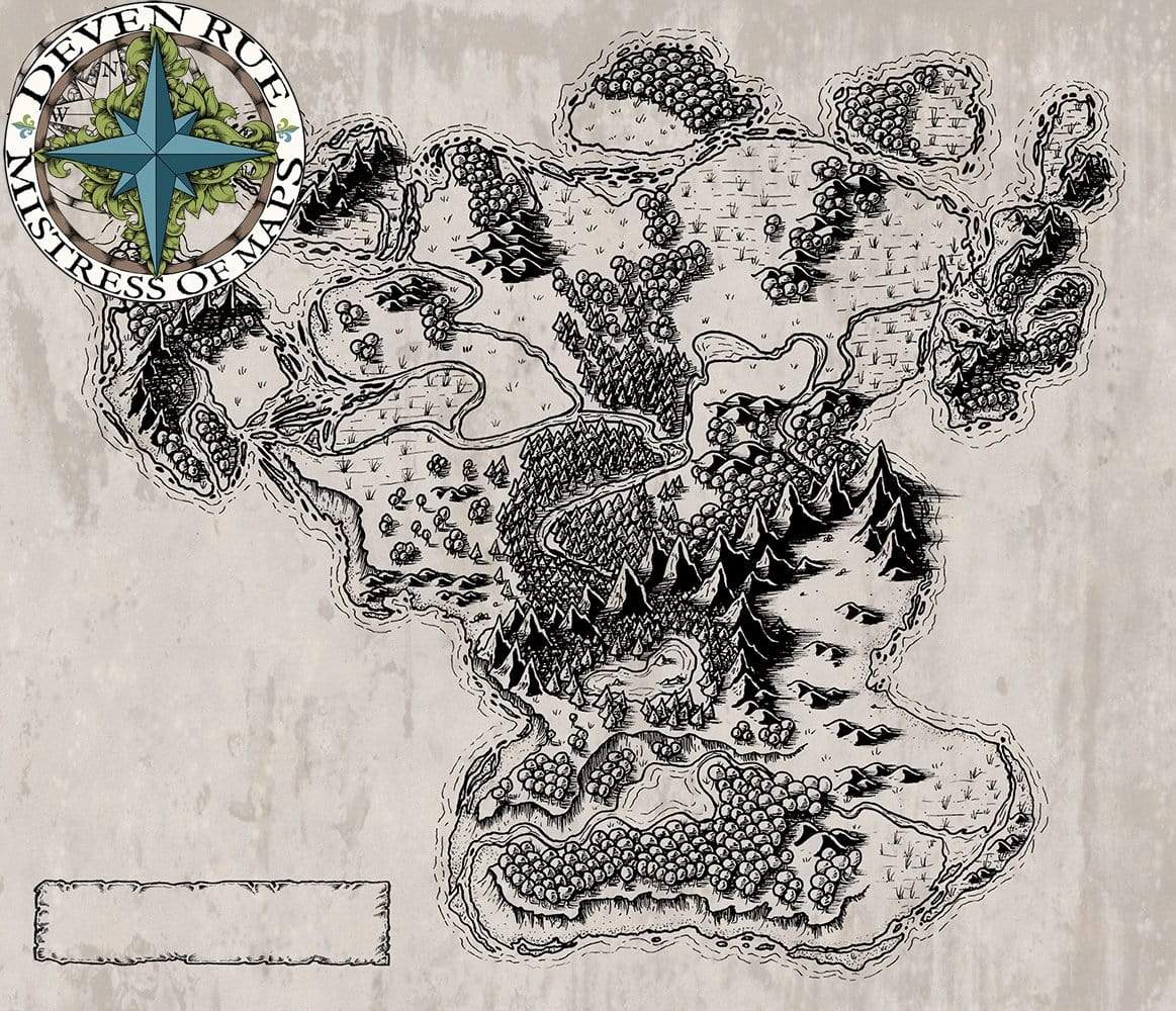 Shimmerwind Isle Map by Deven Rue in black and white.