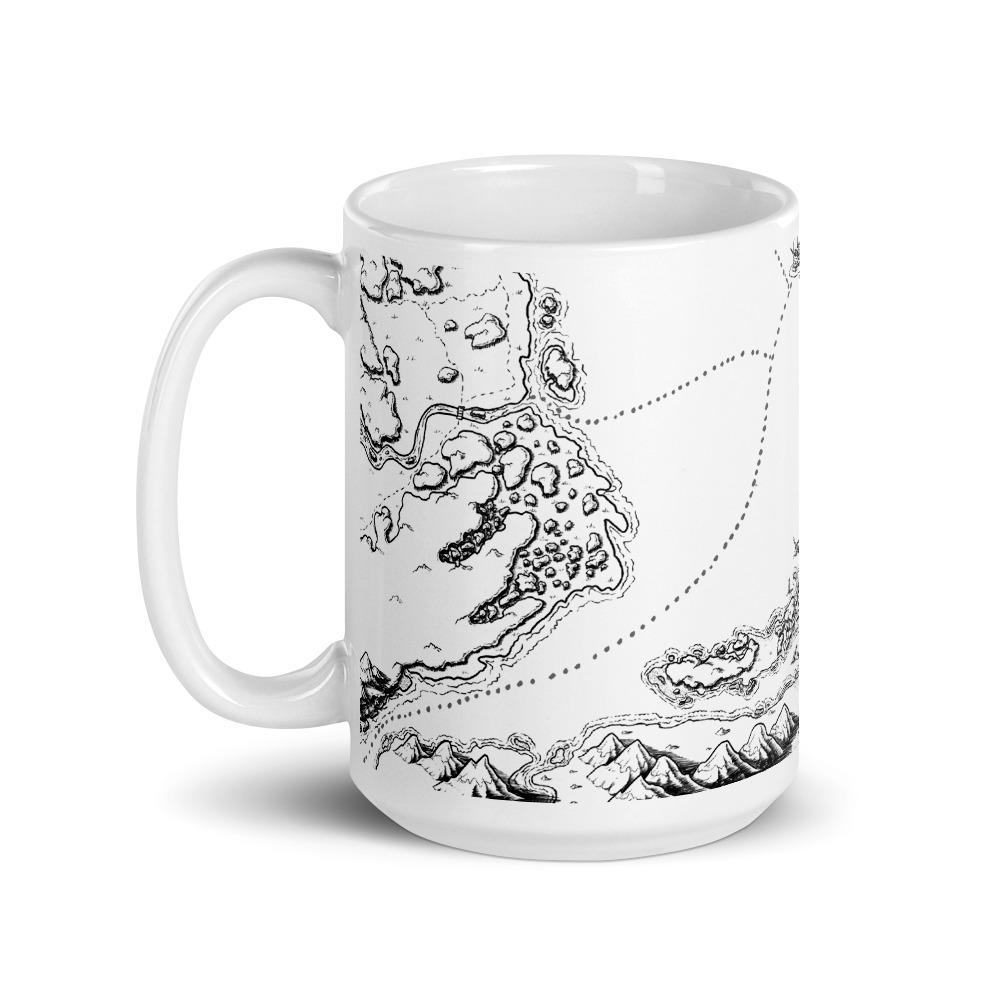 A mug featuring the Ship Graveyard black and white map by Deven Rue.