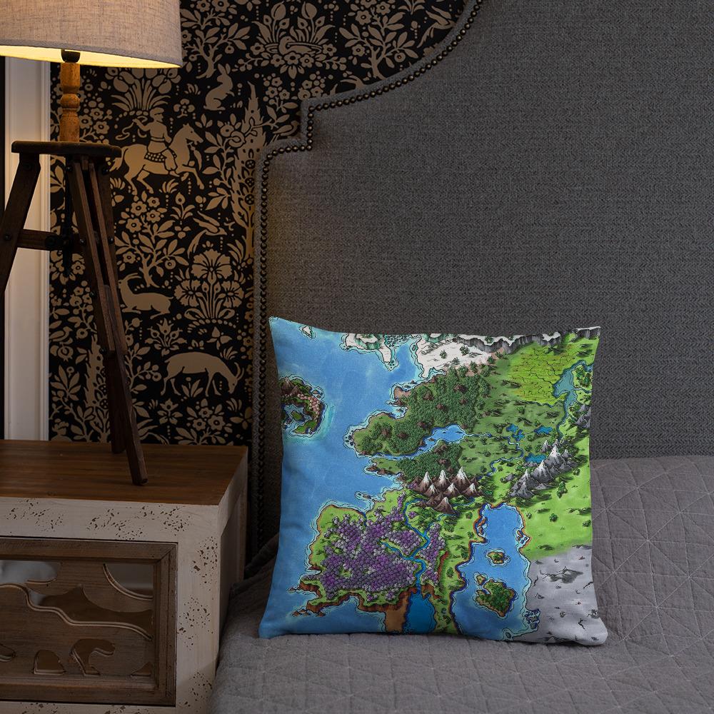 The Starfall map by Deven Rue on a 18"x18" pillow, sitting on a bed.