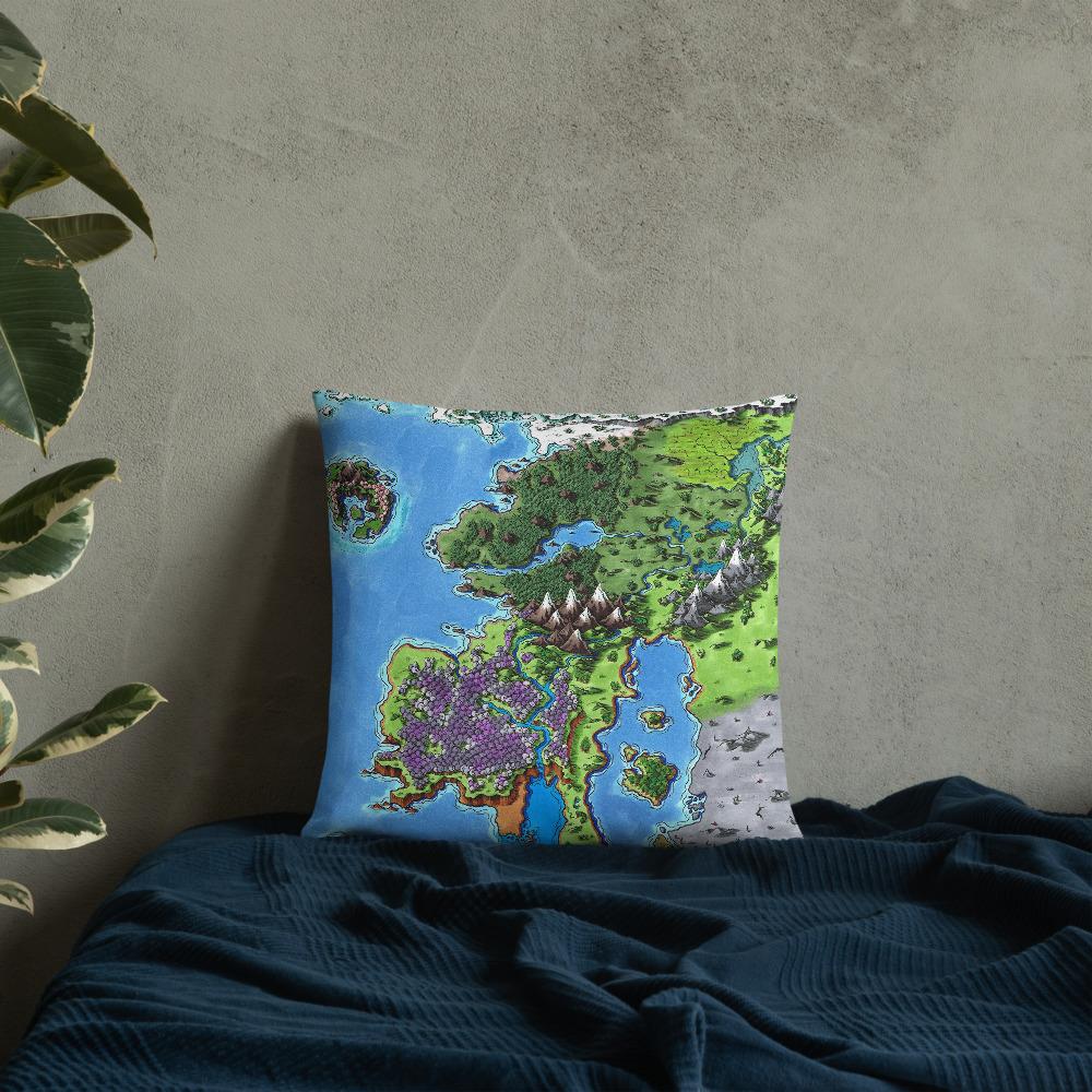 The Starfall map by Deven Rue on a 18"x18" pillow, sitting on a bed.
