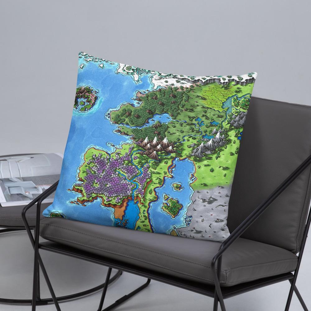 The Starfall map by Deven Rue on a 22"x22" pillow, sitting on a chair.