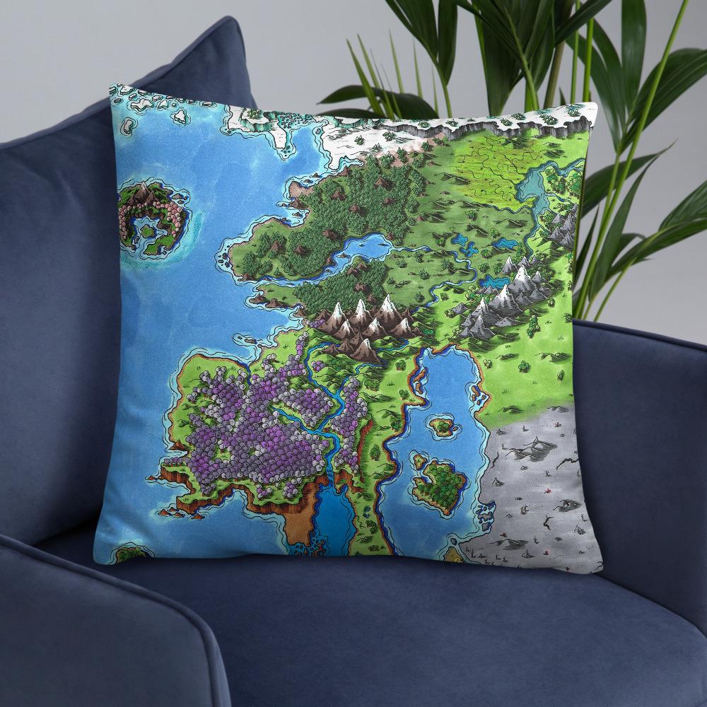 The Starfall map by Deven Rue on a 22"x22" pillow, sitting on a chair.