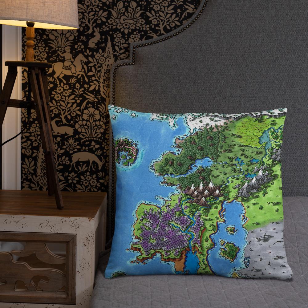 The Starfall map by Deven Rue on a 22"x22" pillow, sitting on a bed.