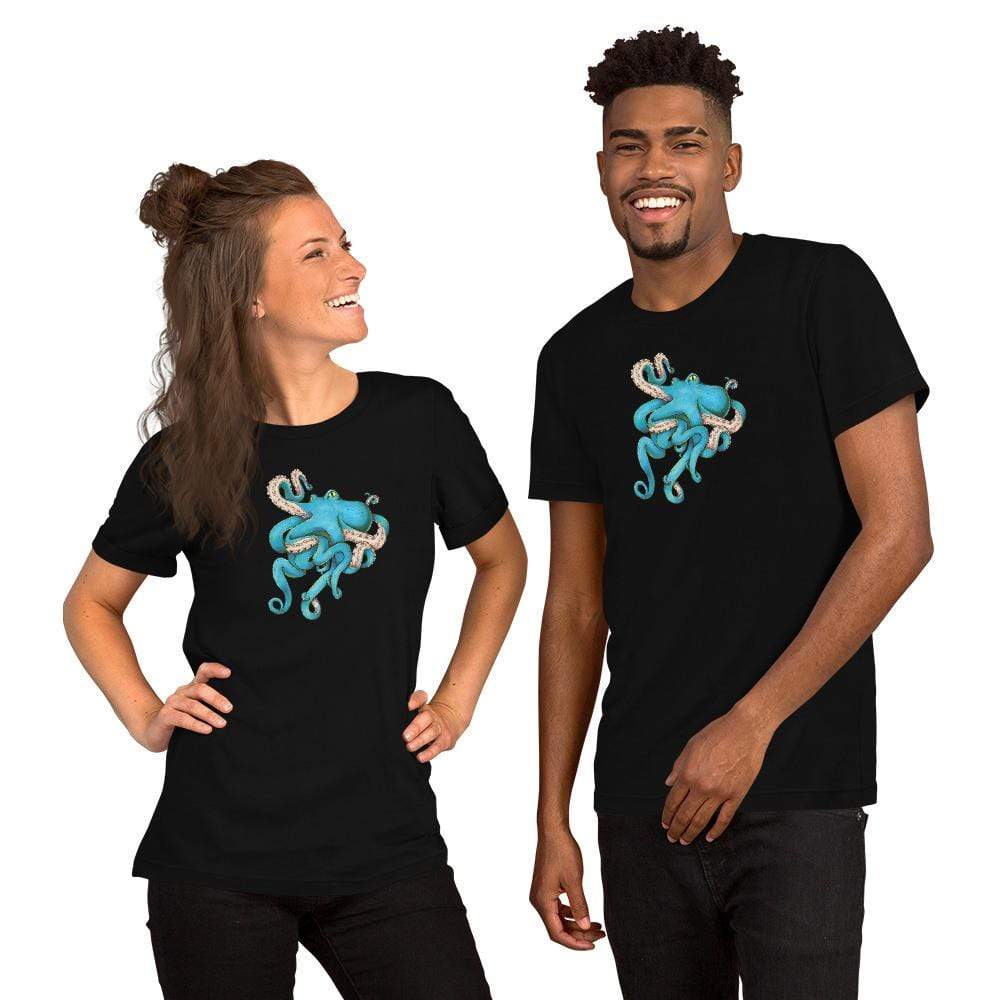 Two models wear black t-shirts with the blue octopus illustration in the middle.