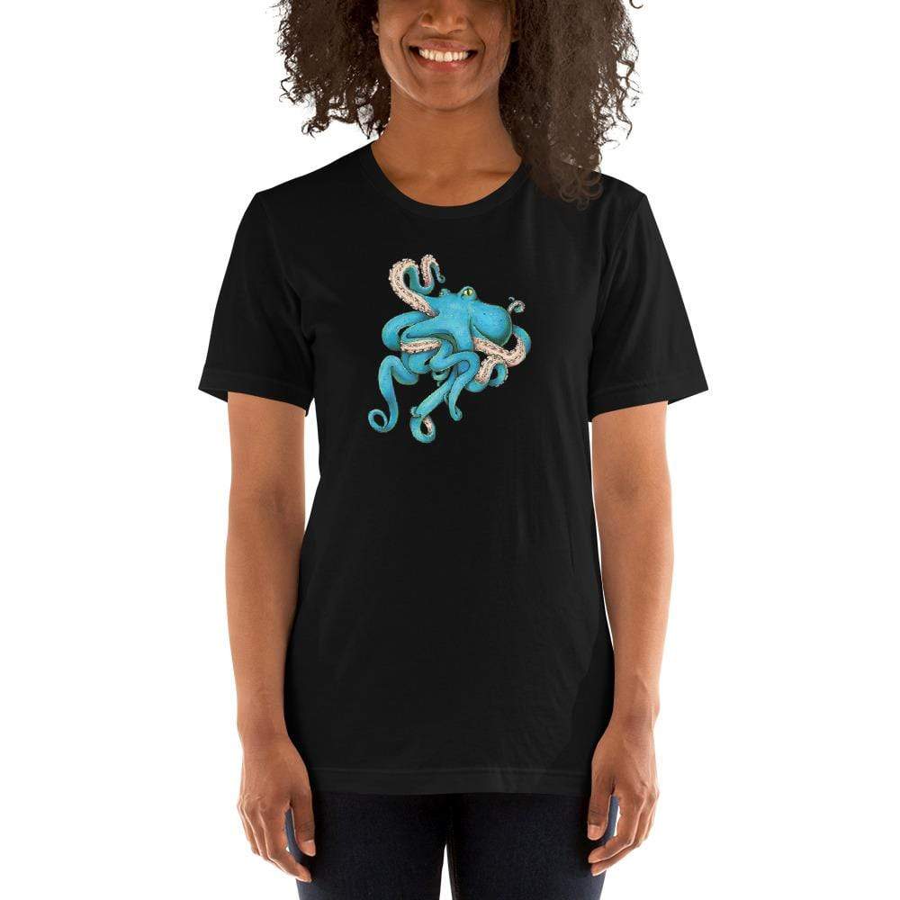 A model wears a black t-shirt with the blue octopus illustration in the middle.