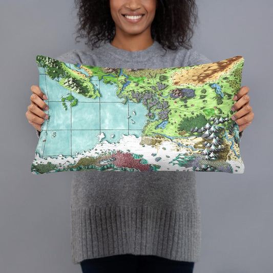 The Queen's Treasure map by Deven Rue, printed on a 12"x20" pillow.