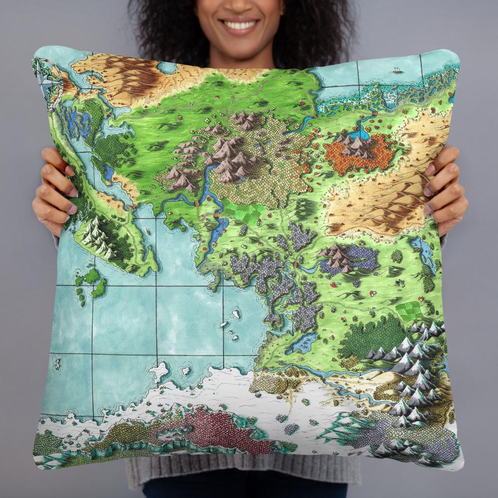 The Queen's Treasure map by Deven Rue, printed on a 22"x22" pillow.