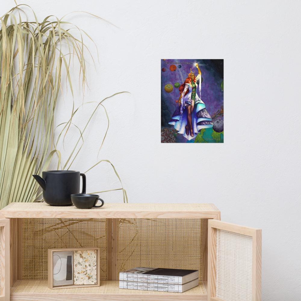 The Wandering Mistress Poster 12"×16" by Deven Rue next to shelves for scale.