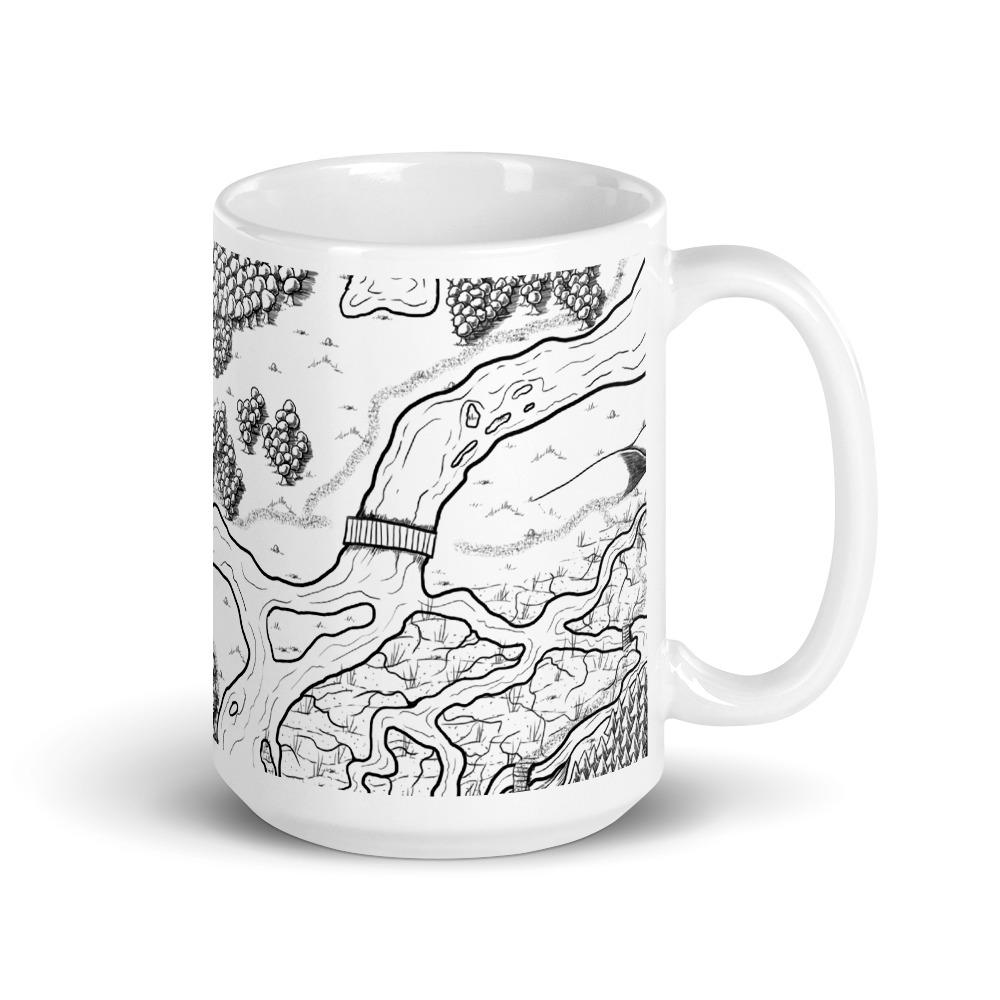 A mug featuring the Winding River black and white map by Deven Rue.
