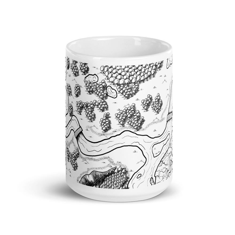 A mug featuring the Winding River black and white map by Deven Rue.