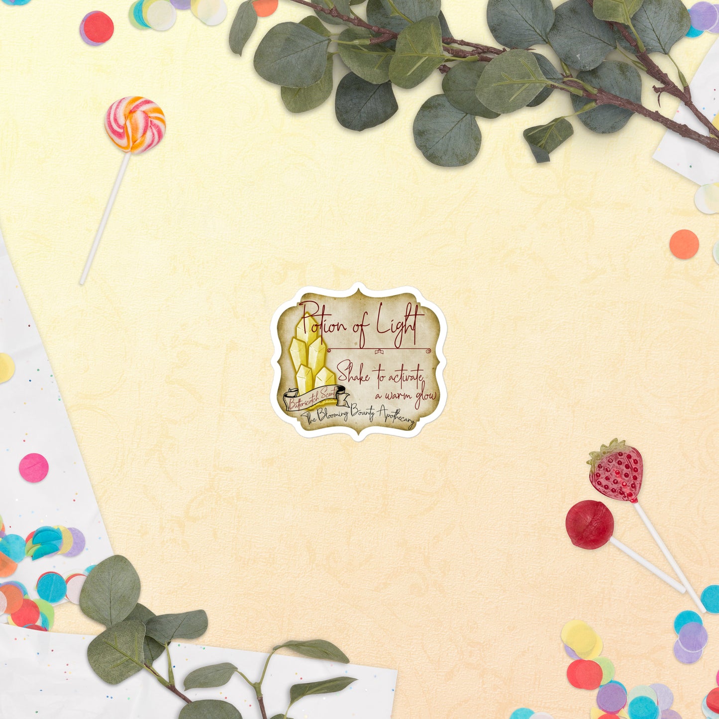 The Potion of Light label: Shake to activate a warm glow. Butterscotch Scent. The Blooming Bounty Apothecary.