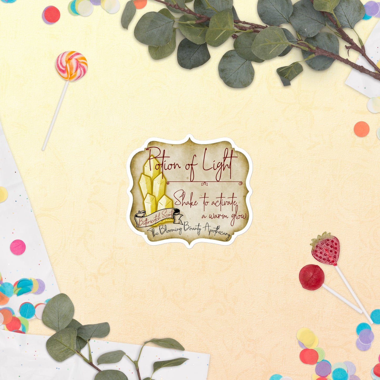 The Potion of Light label: Shake to activate a warm glow. Butterscotch Scent. The Blooming Bounty Apothecary.