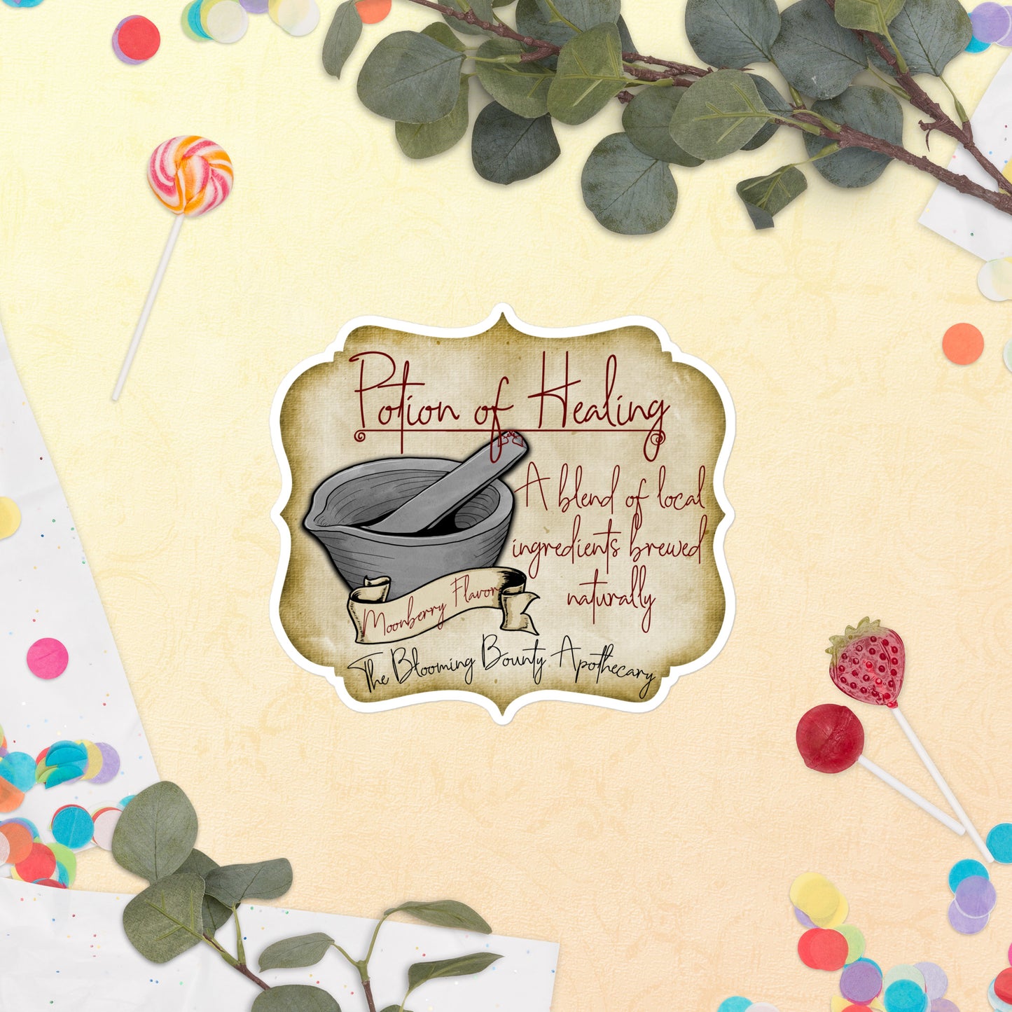 The Potion of Healing label: A blend of local ingredients brewed naturally. Moonberry flavor. The Blooming Bounty Apothecary.