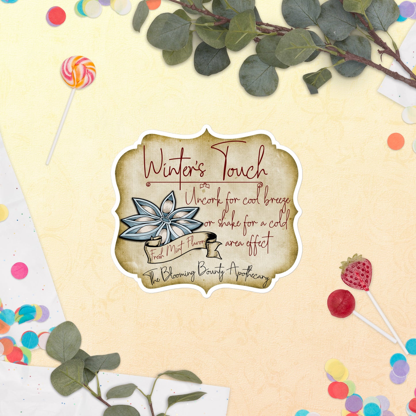 The Winter's Touch label: Uncork for a cool breeze or shake for a cold area effect. Fresh Mint Flavor. The Blooming Bounty Apothecary.