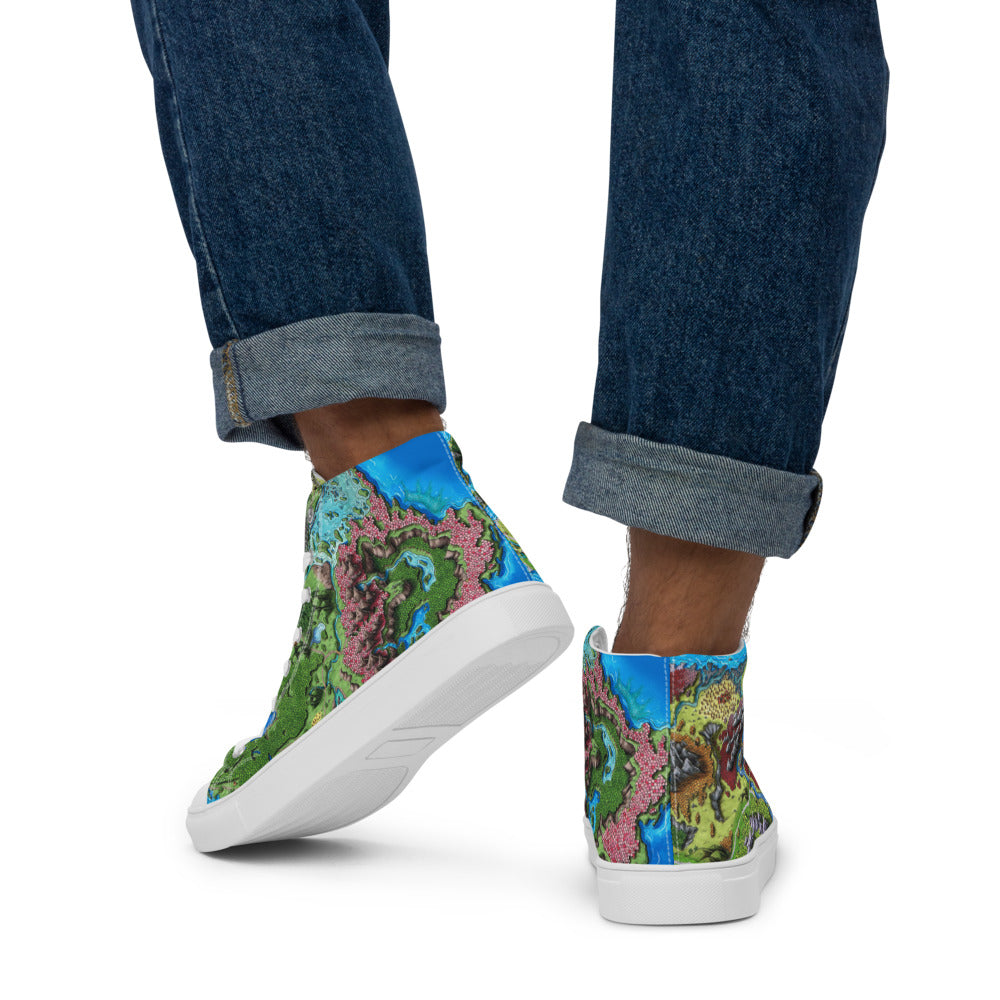 High top canvas shoes with the Taur'Syldor regional map print, shown worn with rolled up jeans.