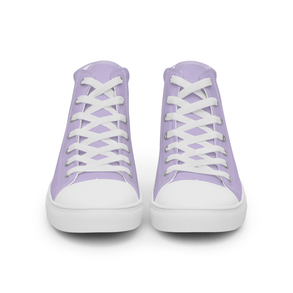 Lavender high top shoes with the Winters Edge hex map by Deven Rue on the heel, shown from the front.