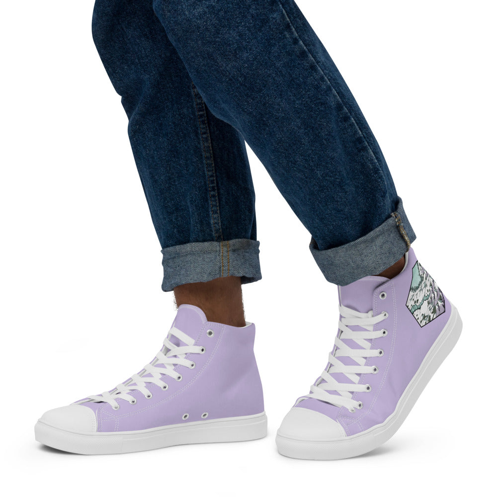 Lavender high top shoes with the Winters Edge hex map by Deven Rue on the heel, worn by a model with rolled up jeans.