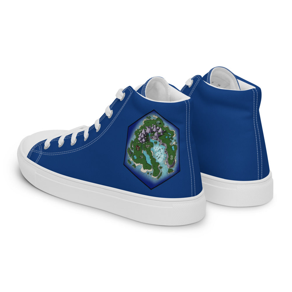 Blue high top shoes with the Skycaller Islands hex map by Deven Rue on the heel.