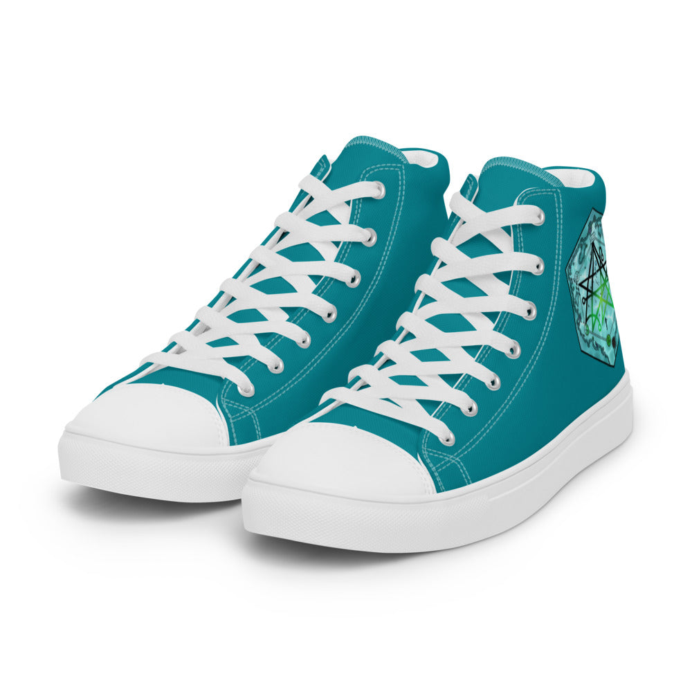 Teal high top shoes with the Discovering the Gate underwater hex map by Deven Rue on the heel.