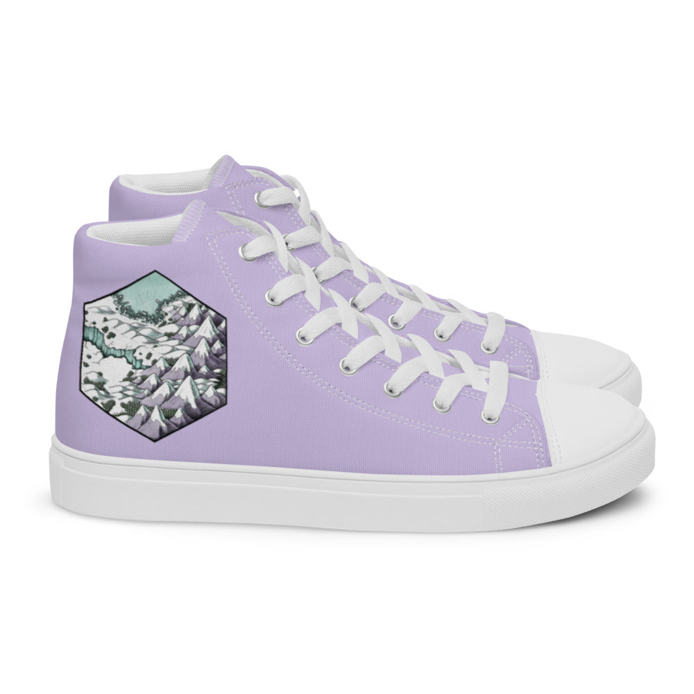 Lavender high top shoes with the Winters Edge hex map by Deven Rue on the heel.