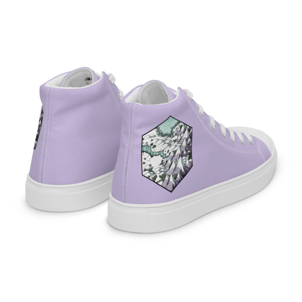 Lavender high top shoes with the Winters Edge hex map by Deven Rue on the heel.