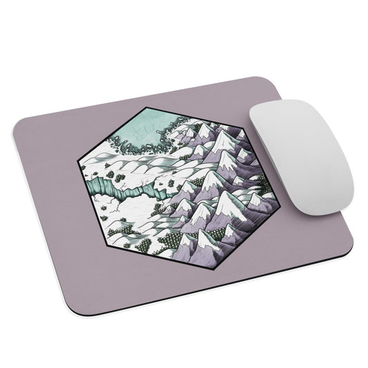 A pastel purple mousepad with the Winter's Edge hex map illustration and a mouse for scale.