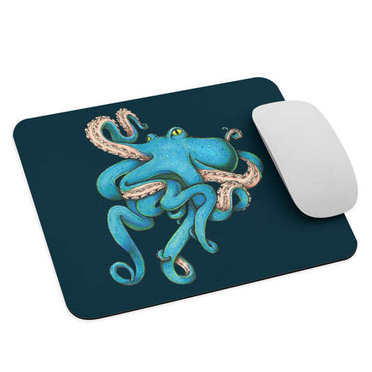 A mousepad with a dark teal background and the Tangled Octopus illustration by Deven Rue with a mouse for scale.