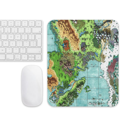 The Queen's Treasure mousepad with a mouse and keyboard for scale.