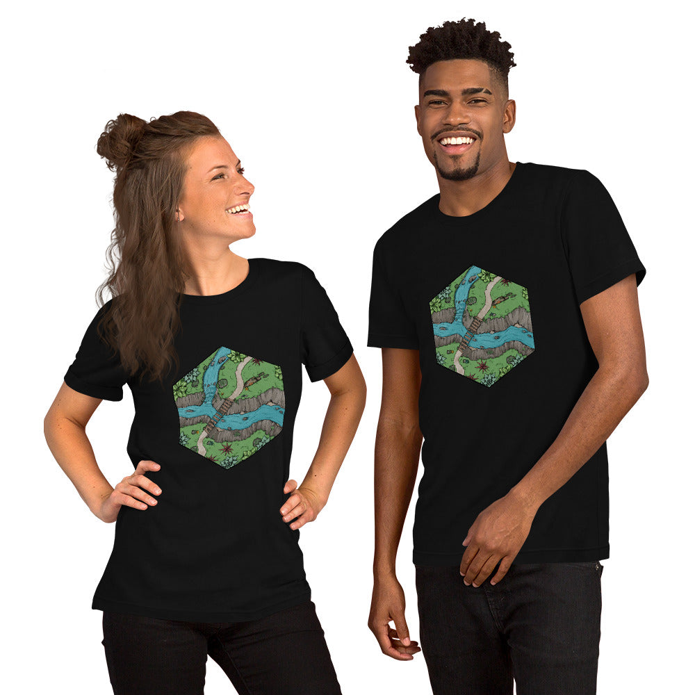 Models wear the black Perilous Crossing t-shirts.