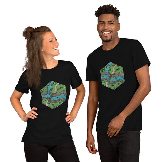 Models wear the black Perilous Crossing t-shirts.