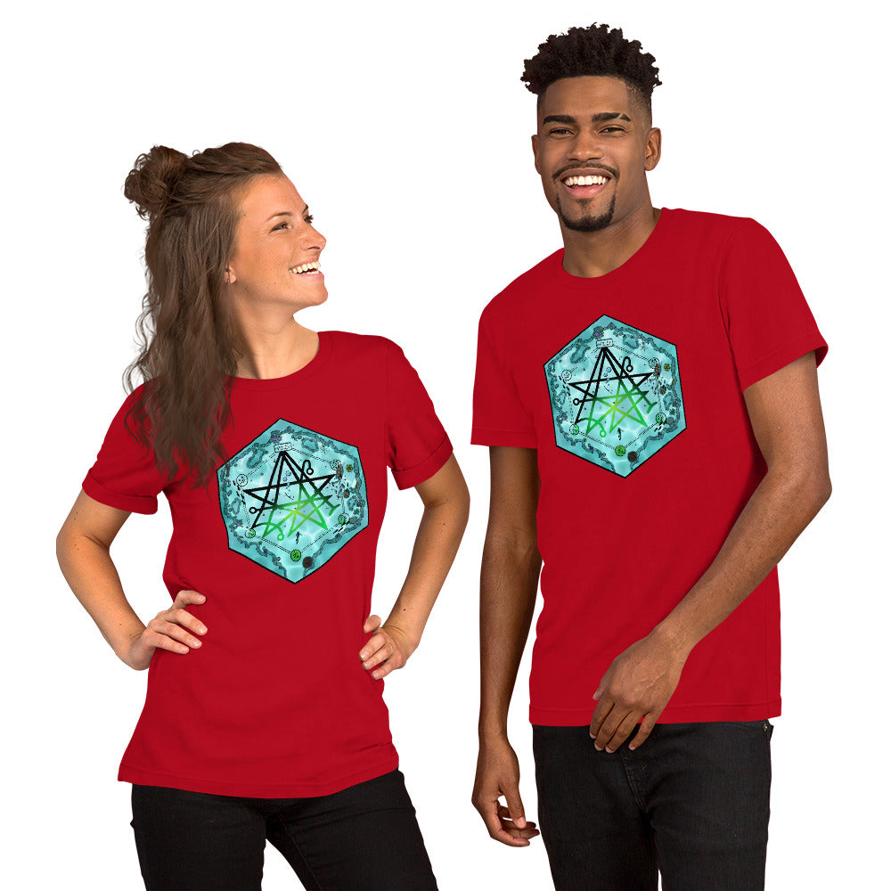 A pair of models wear the red Discovering the Gate tshirt.