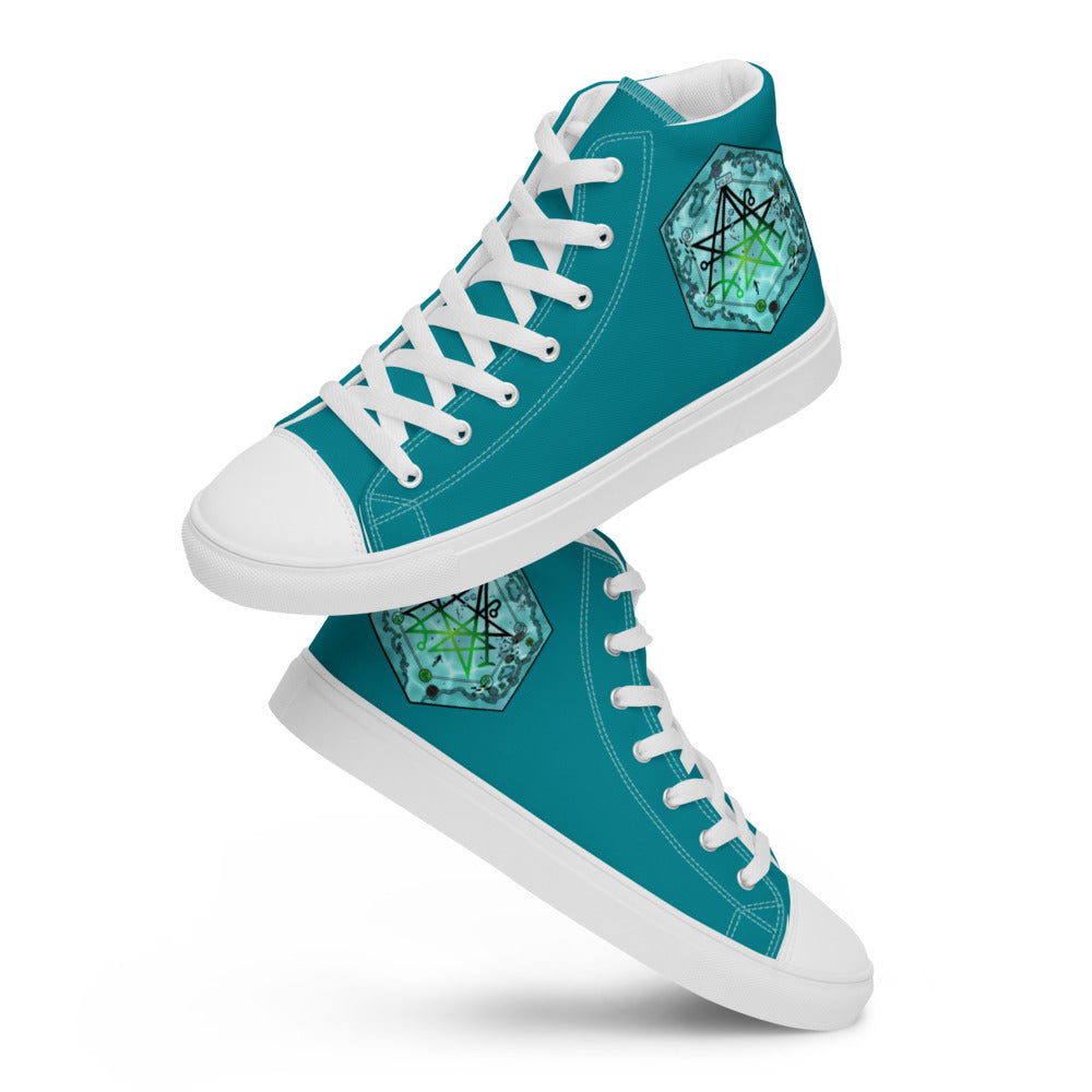 Teal high top shoes with the Discovering the Gate underwater hex map by Deven Rue on the heel.