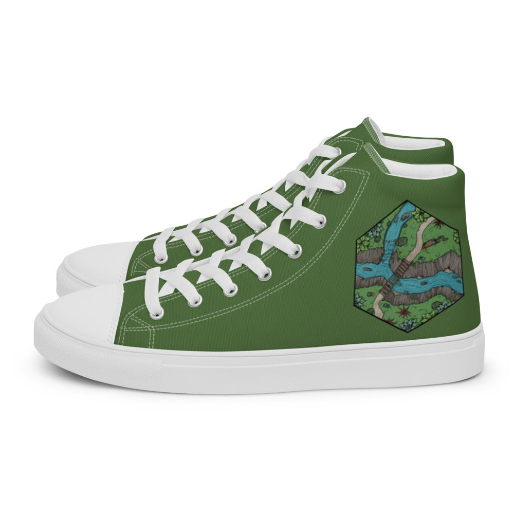 Green high top shoes with the Perilous Crossing hex map illustration by Deven Rue on the heel.