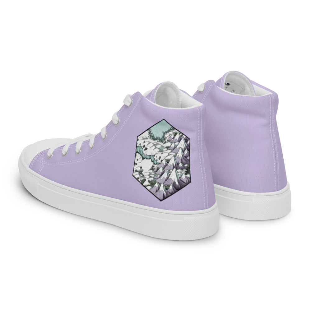 Lavender high top shoes with the Winters Edge hex map by Deven Rue on the heel.