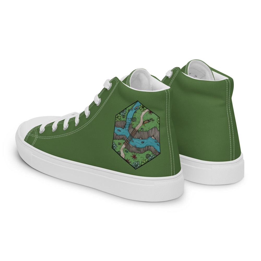 Green high top shoes with the Perilous Crossing hex map illustration by Deven Rue on the heel.