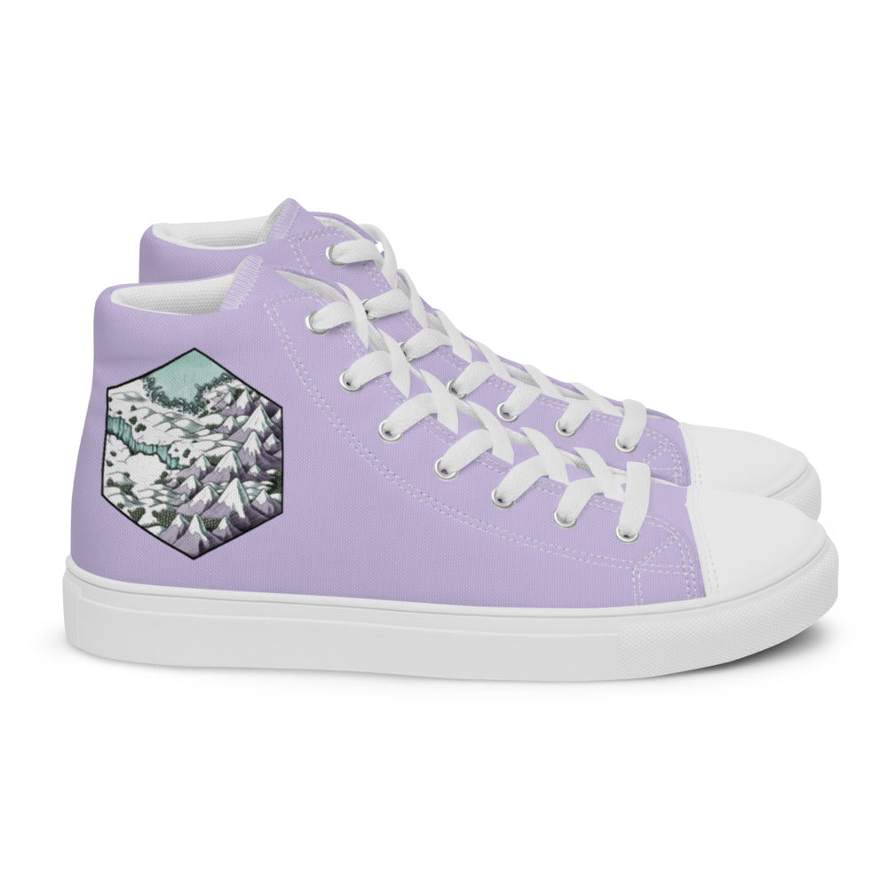 Lavender high top shoes with the Winters Edge hex map by Deven Rue on the heel.