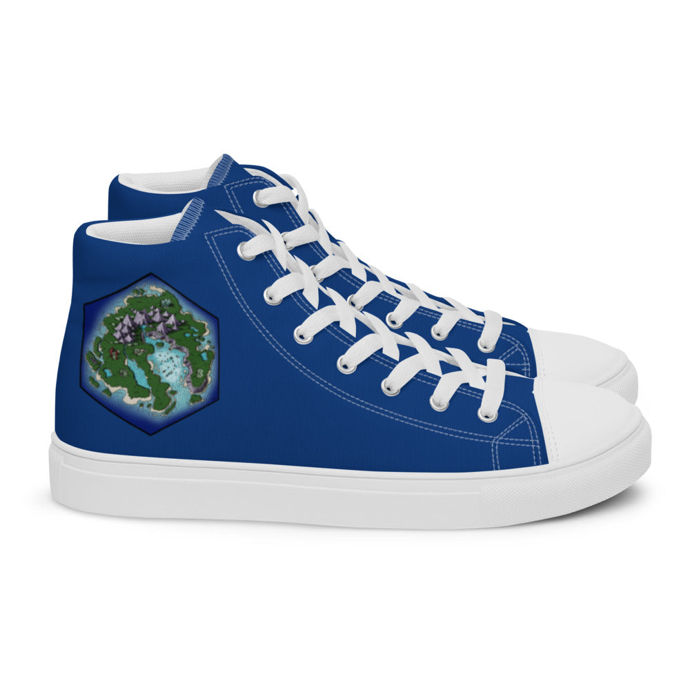 Blue high top shoes with the Skycaller Islands hex map by Deven Rue on the heel.