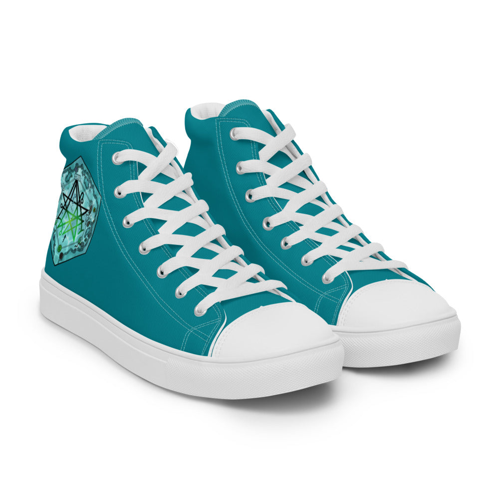 Teal high top shoes with the Discovering the Gate underwater hex map by Deven Rue on the heel.