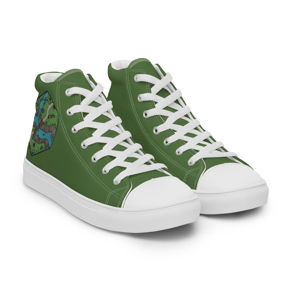 Green high top shoes with the Perilous Crossing hex map illustration by Deven Rue on the heel.