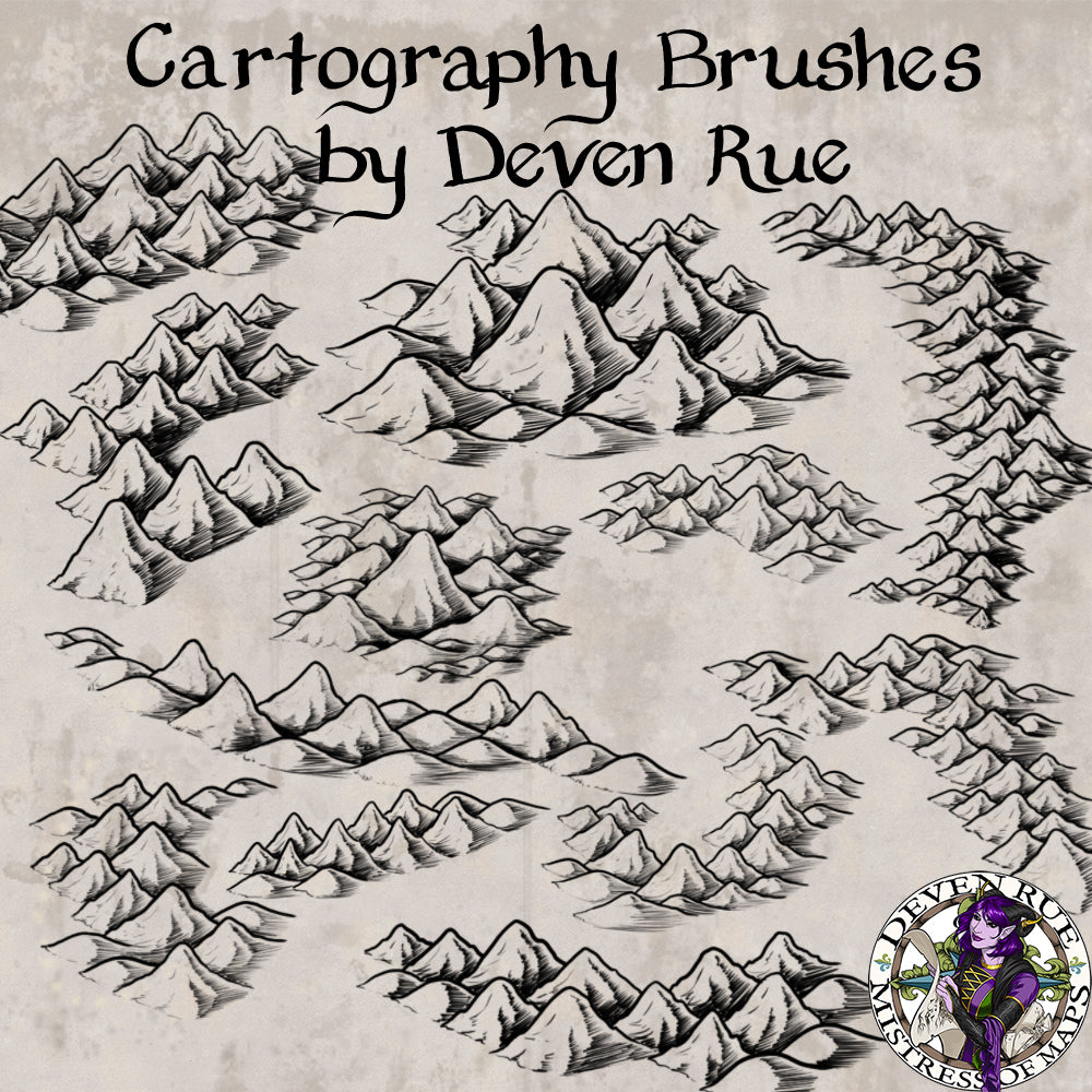 A preview of the mountain range Cartography Brush pack by Deven Rue.