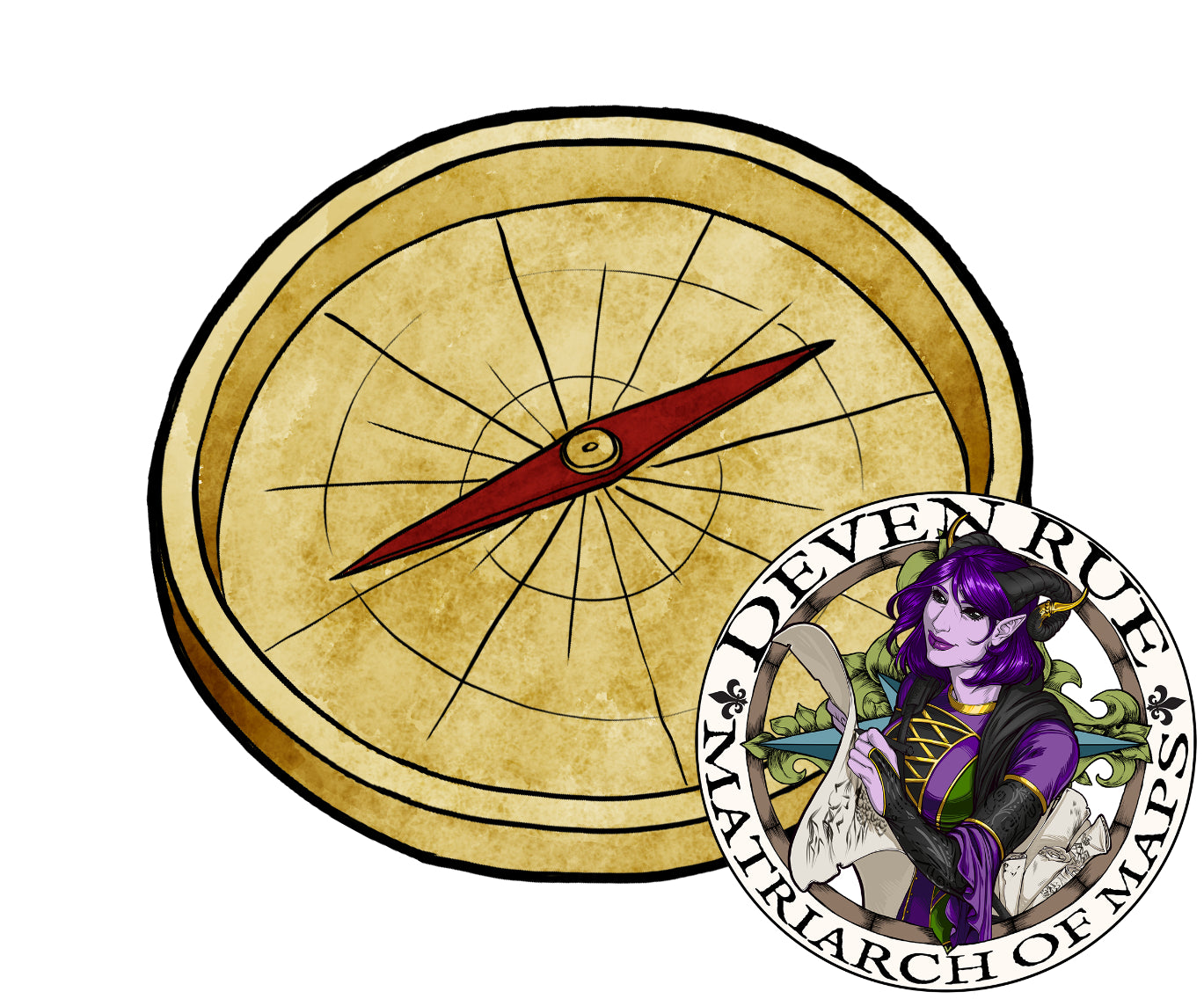 A colored illustration of a simple compass