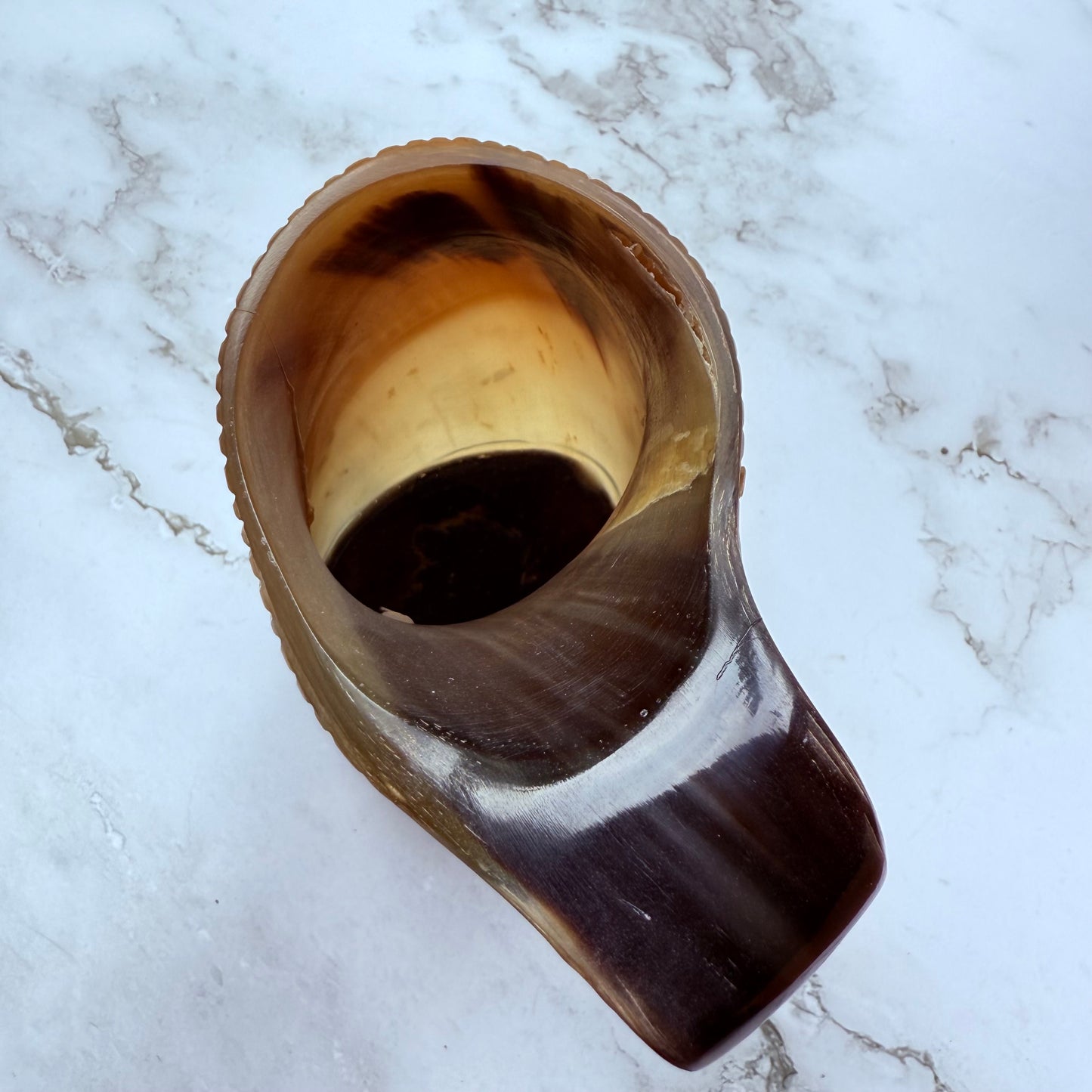 Detail photo looking into the mouth of the drinking horn