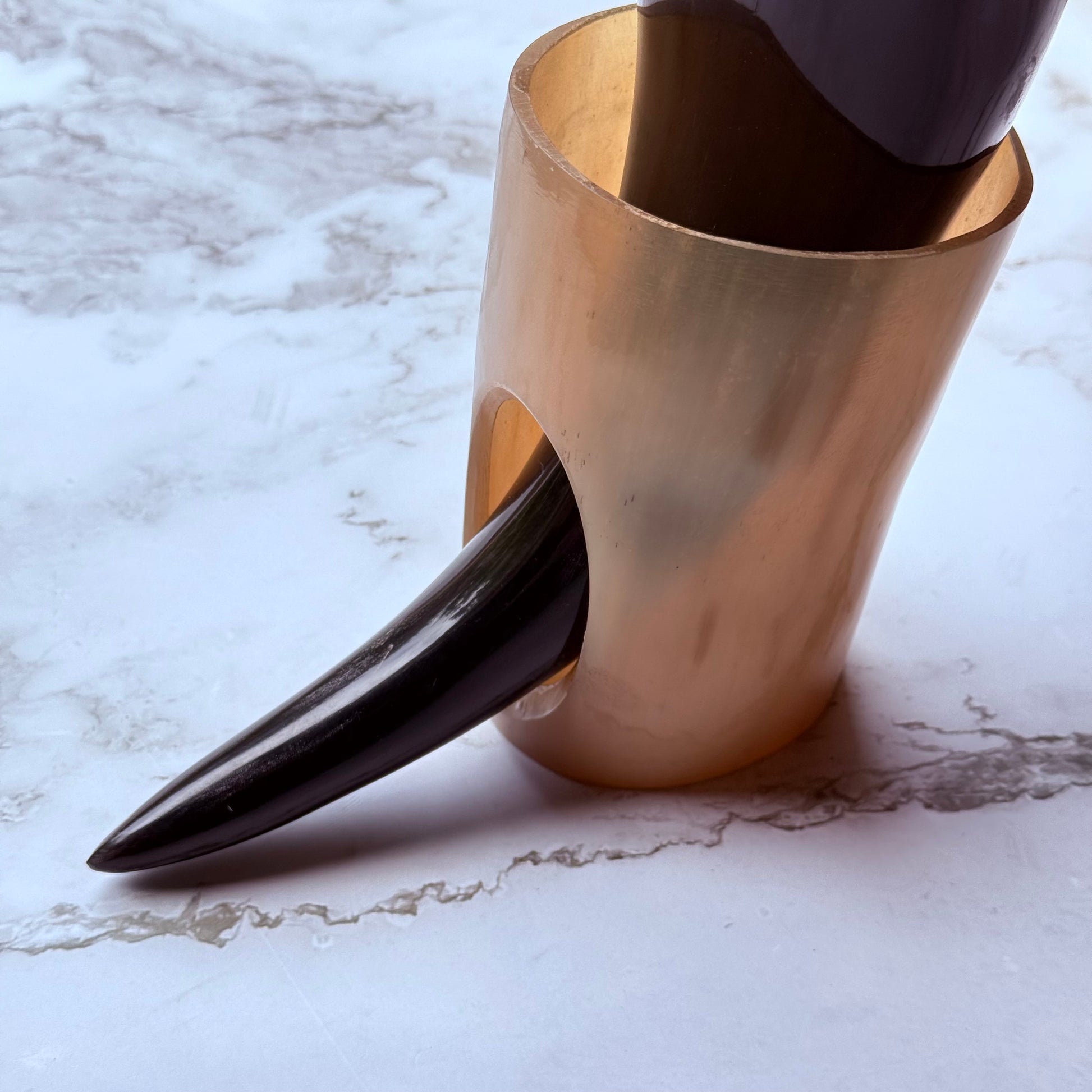 Demonstrative photo of the horn sitting in the matching stand.