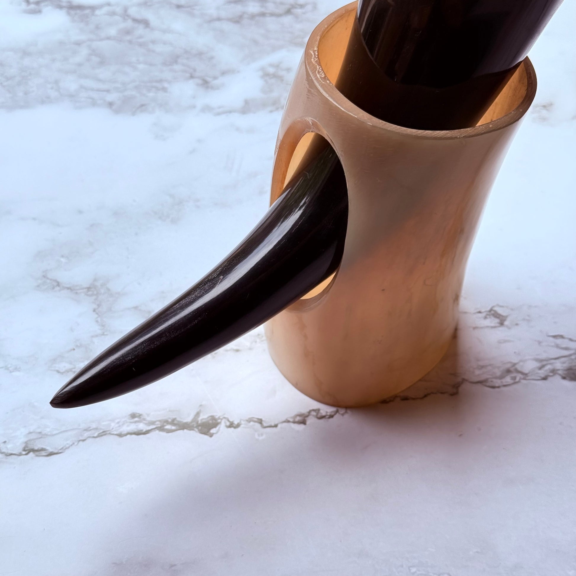 Demonstrative photo of the horn sitting in the matching stand.