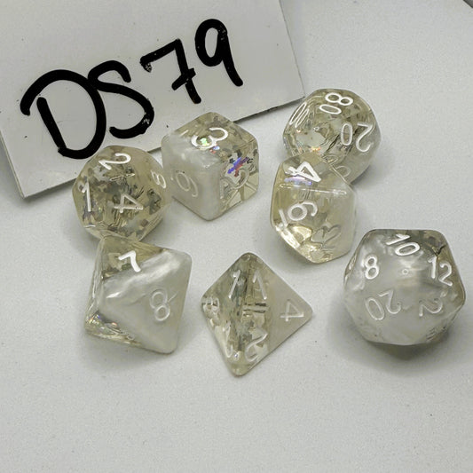 Set of clear & white pearl dice with silver snowflake inclusions and white numbers on a white background, labeled 'DS79'.