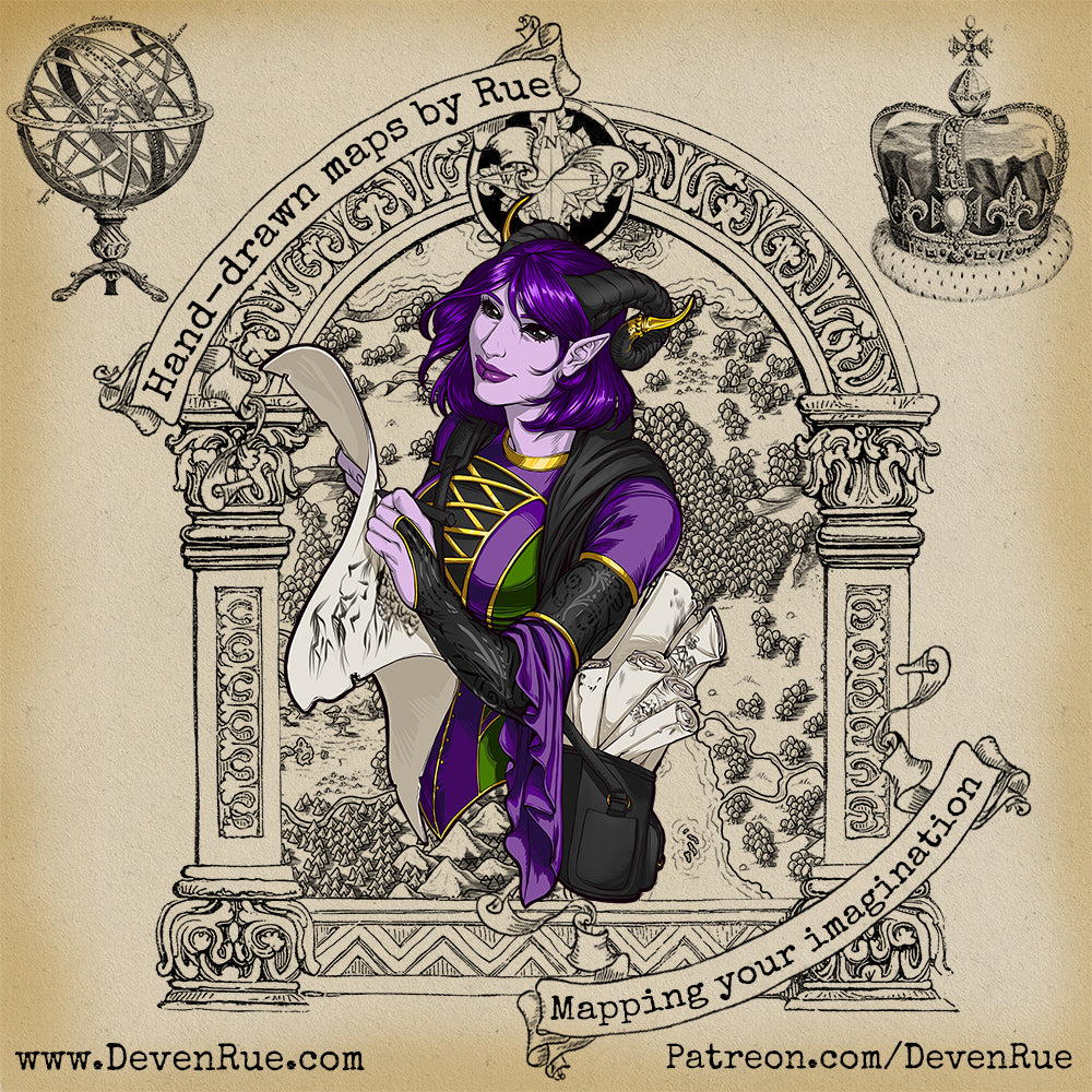 An illustration of Rue the tiefling Cartographer emerging from a decorated archway with a map by Deven Rue behind her.
