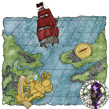 A hand-drawn illustration of a ship with red sails on a gridded map. A compass and sextant are on either side.