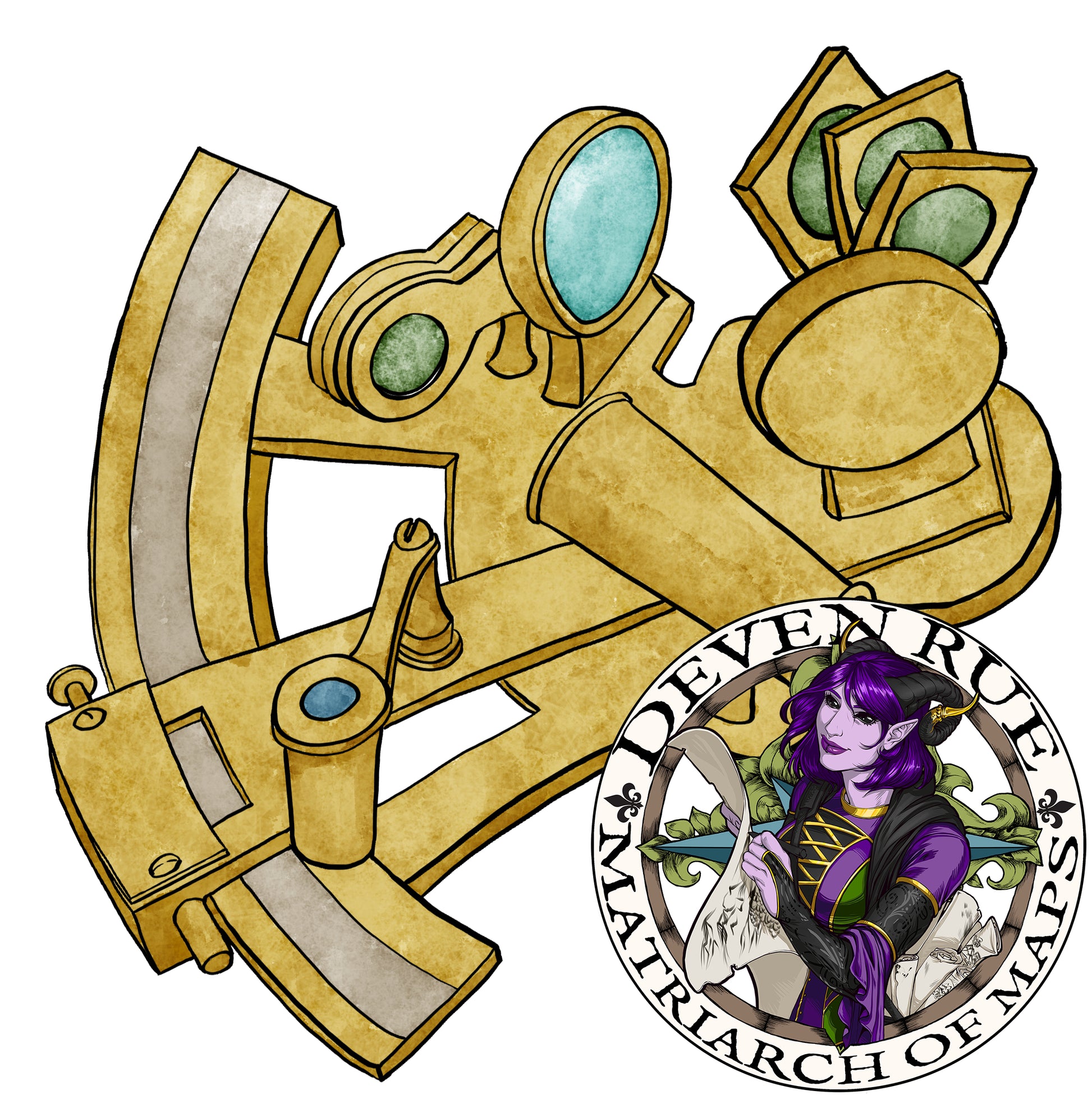 A colored illustration of a sextant.