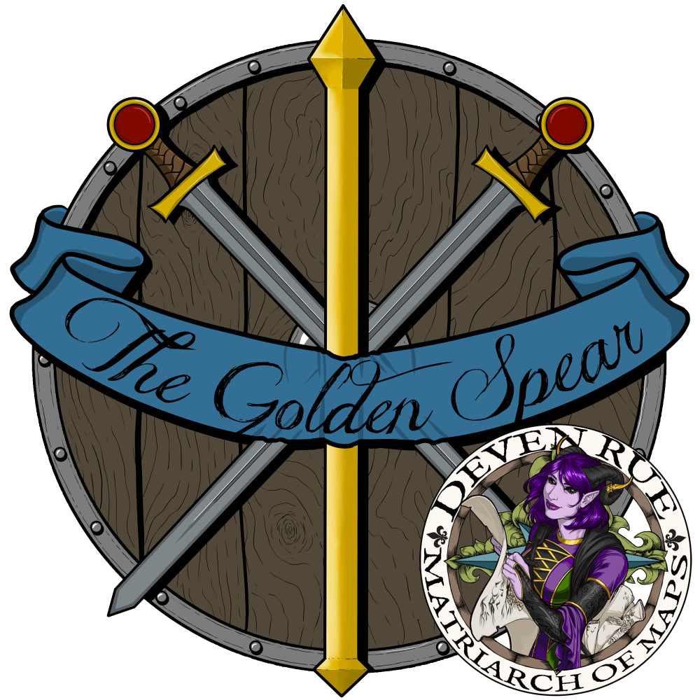 A colorful drawing of a shield behind crossed swords with a golden spear in the middle. A blue banner lays across them with text that reads: the golden spear.